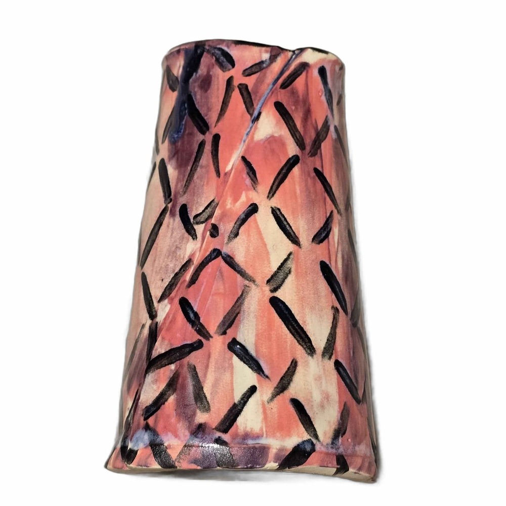 Handmade Ceramic Bud Vase Pink Diamond Pattern Glossy Glaze Art Pottery BIN-E